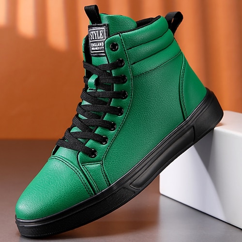 Grüne High-Top-Sneaker aus Kunstleder für Herren mit schwarzer Sohle, modische Schnürschuhe für Streetwear, Partys und den Alltag Image