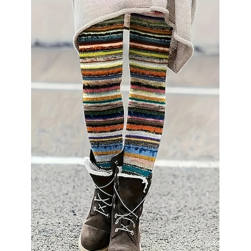 Damen Leggings Urlaub Vintage Ethno-Stil Volle Länge Hohe Taille Grafik Gestreift 3D-Druck Schnelltrocknend Atmungsaktivität Weich Dehnbar Täglich Heim Outdoor Blau Gelb Herbst Schmaler Schnitt Image
