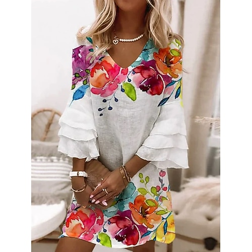 Damen Minikleid Sommerkleid Shiftkleid A Linie Kleid Urlaub Lässig Boho Party Normale Passform Ombre Blumen Grafik Dreiviertelarm V Ausschnitt Weiß Frühling Herbst Image
