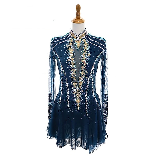 Eiskunstlaufkleid Damen Mädchen Eislaufkleid Marineblau Offener Rücken Asymmetrischer Saum Mesh Hohe Elastizität Training Wettkampf Eislaufbekleidung Klassisch Kristall/Strass Langarm Eiskunstlauf Image
