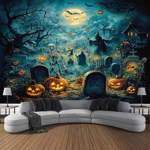 Halloween-Fotohintergrund-Wandteppich, Wandbehang mit Geister-, Kürbis-, Monster- und Skelettmuster, großes dekoratives Wandbild für Schlafzimmer, Wohnzimmer, Party und Heimdekoration Image
