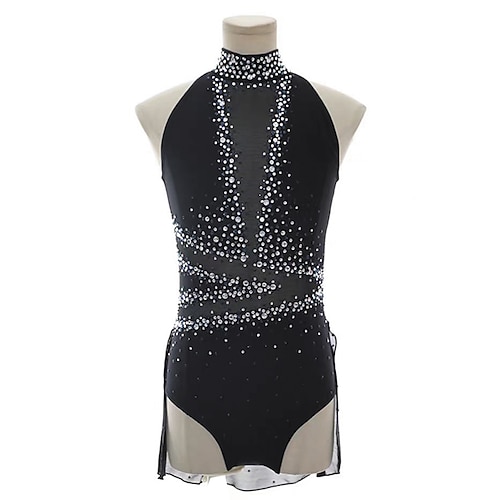 Eiskunstlaufkleid Damen Mädchen Eislaufen Kleid Schwarz Patchwork Daumenloch Netzstoff Spandex Dehnbar Training Übung Professionell Eiskunstlaufkleidung Thermowarm Kristall / Strass Langarm Eislaufen Image