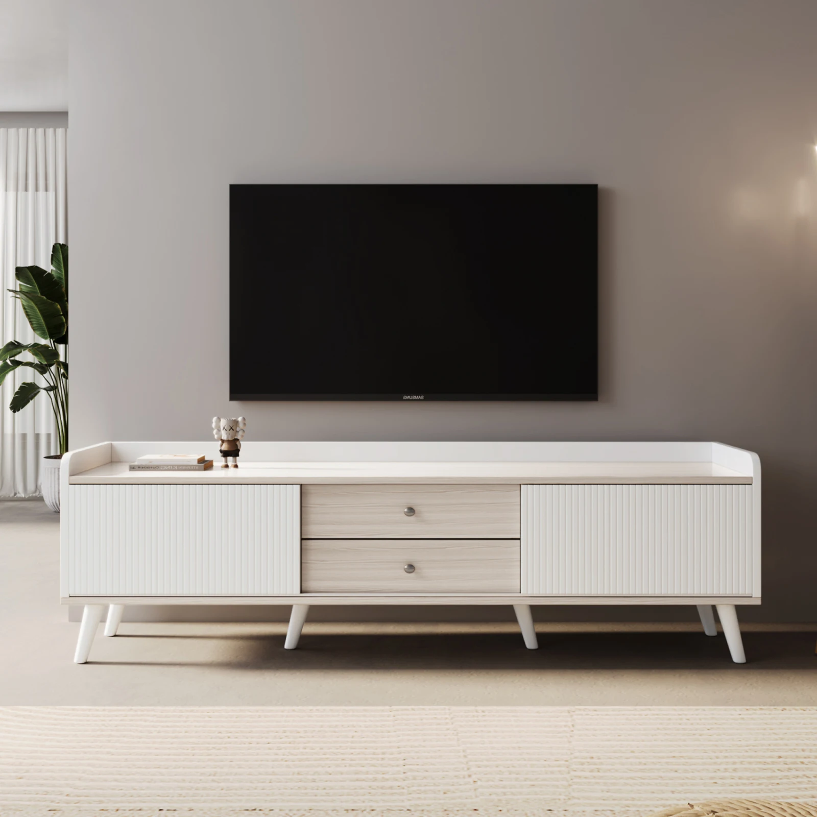 Comanlai H58xL160xT40 cm TV-Lowboard, Textur-TV-Schrank, TV-Sideboard, mit zwei Schubladen, Low-Top und zwei Schiebetüren, Weiß