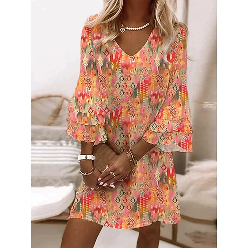 Damen Minikleid Freizeitkleid Sommerkleid A Linie Kleid Urlaub Lässig Boho Party Normale Passform Blumen Grafik Abstrakt Dreiviertelarm V Ausschnitt Magenta Tintenblau Orange Frühling Herbst Image
