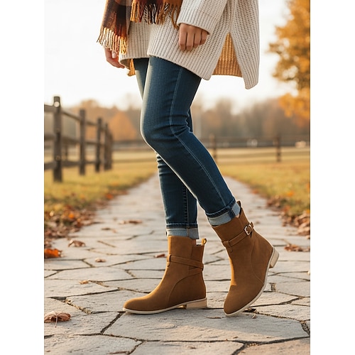 Dunkelbraune Damenstiefeletten – klassische flache Freizeitstiefel mit Schnallenriemen für Herbstoutfits, Shopping und den Alltag Image