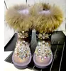 Luxus Strass Perlen Echt Fox Pelz Schnee Stiefel Frau Gold Lila Leder Plüsch Innen Winter Stiefel Dicke Sohle Frauen Warme Schuhe