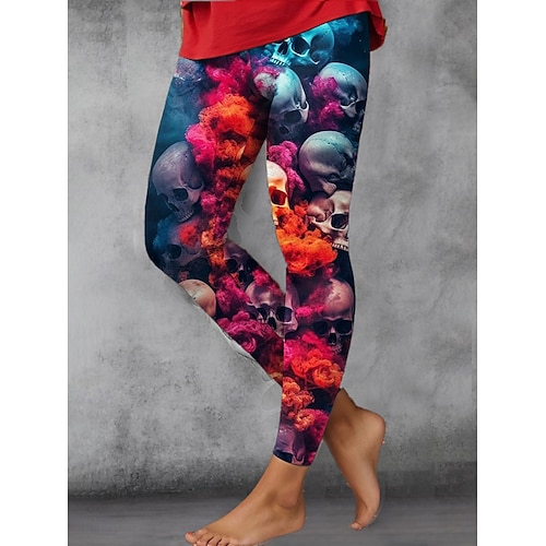 Damen Leggings Urlaub Vintage Mode Knöchellang Hohe Taille Grafik Totenkopf Druck Soft Atmungsaktiv Dehnbar Urlaub Straße Causal Weiß Blau Grün Khaki Frühling Herbst Winter Slim Fit Image