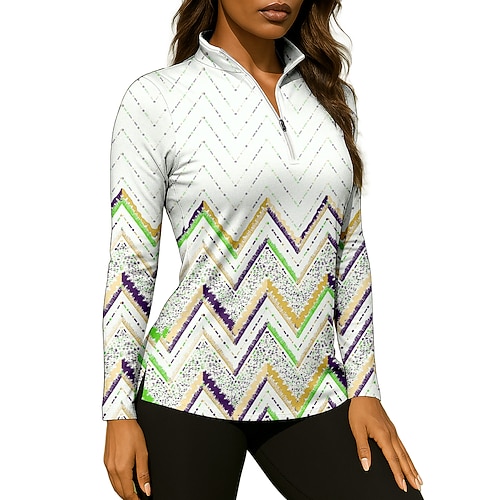 Damen Geometrisch Shirt Sporthemd Golf-Poloshirt Tennis Shirt Langarm Reißverschluss Blumen UPF50 UV-beständig Hohe Elastizität Feuchtigkeitsableitend Atmungsaktiv Tennis Golfspiel Pickleball Image