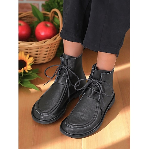 Schwarze Damenstiefeletten aus echtem Leder mit Schnürung – lässige, strapazierfähige Rindslederschuhe für Arbeit, Reisen und Alltagsoutfits Image