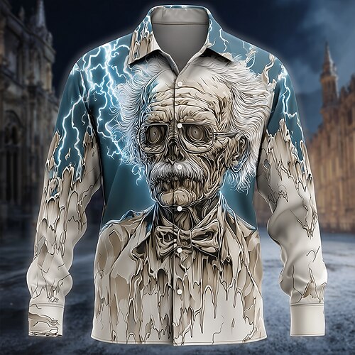 Herren Skelett Frozen Eisschädel Hemd Knopfhemd Langarm Dunkler Gothic-Stil Ferien Streetwear Frühling Herbst Umlegekragen 3D-Druck Hemden mit Kragen Blau Image