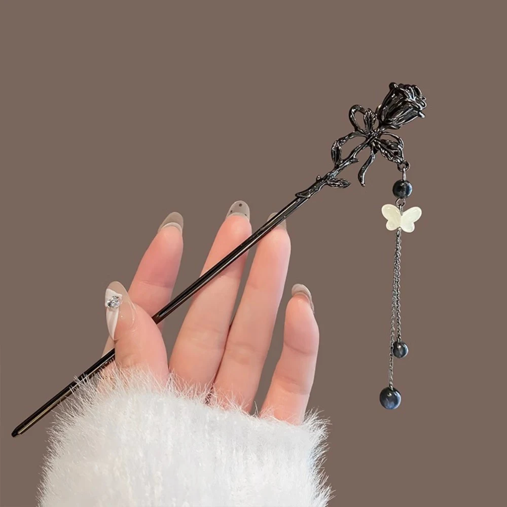 Gothic Schwarz Rose Schmetterling Perle quaste Haar Stick Elegante Retro Haar Stick Weibliche Elegante Haar Zubehör Haarnadel