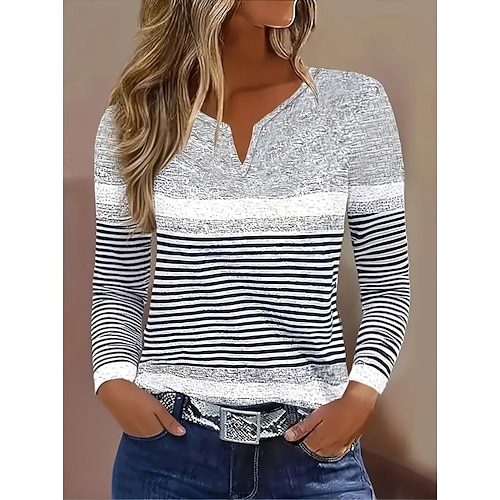 Damen T Shirt Druck Grafik Geometrisch Gestreift Vintage Stilvoll Klassisch Langarm V Ausschnitt Einkerbiger Ausschnitt Normale Oberteile Täglich Wochenende Schwarz und weiss Staubiges Blau Grau Image
