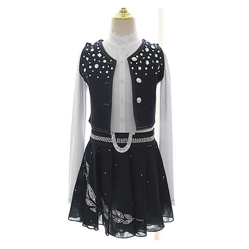 Eiskunstlaufkleid Damen Mädchen Eislaufen Kleid Weiß Patchwork Daumenloch Netzstoff Spandex Dehnbar Training Übung Professionell Eiskunstlaufkleidung Thermowarm Kristall / Strass Langarm Eislaufen Image