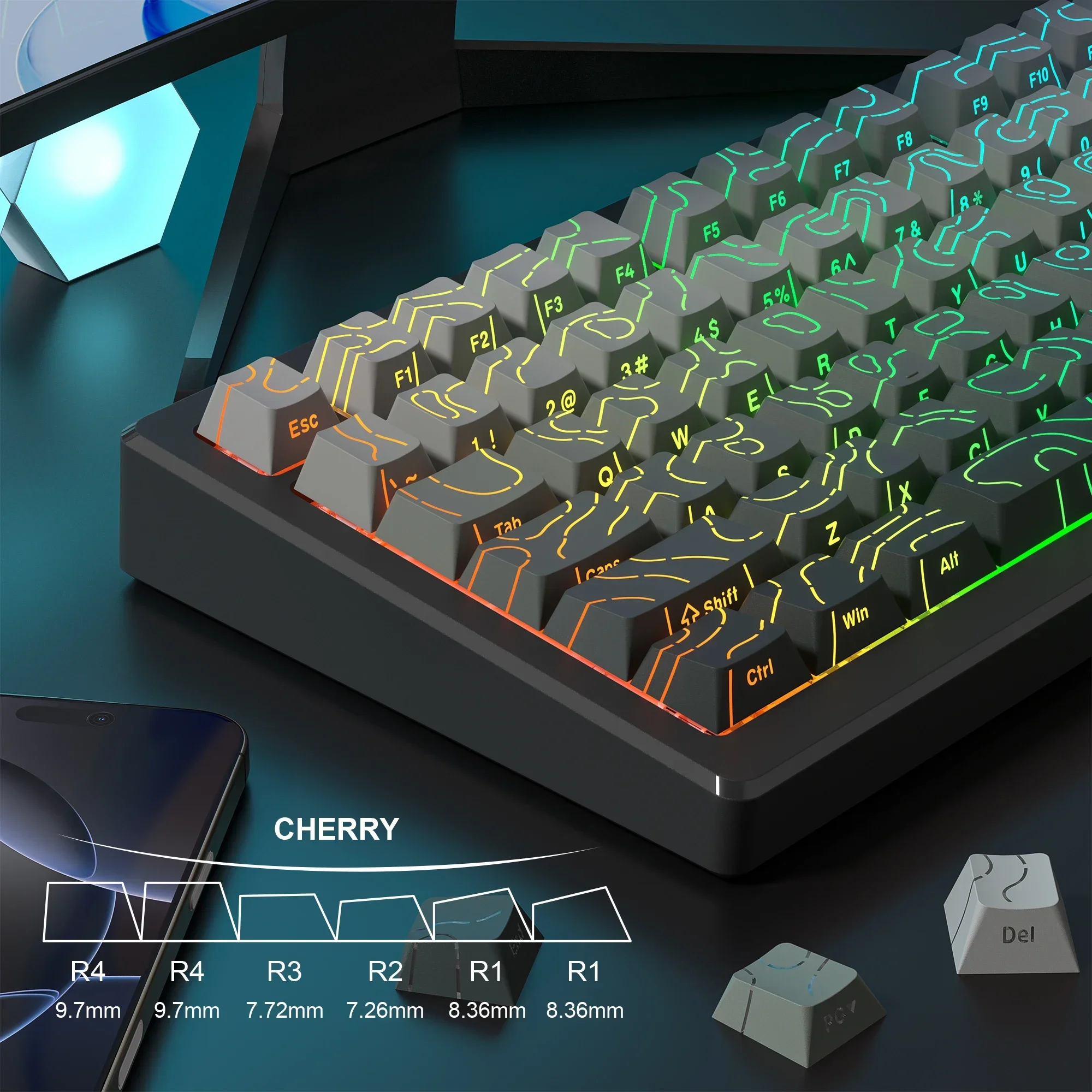 98-Tasten, seitlich beleuchtete, durchscheinende Tastenkappen, graues topografisches Kirschprofil, PBT-Double-Shot-Tastenkappen für MX-Switches, Gaming-Tastatur Image