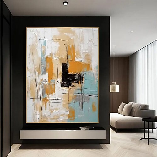 handgefertigtes 3D-Ölgemälde, abstraktes modernes Kunstwerk mit lebendiger Farbpalette und satten Farbtönen, erstellt mit Impasto und geschichteten Pinselstrichen, die geometrische Muster zeigen, Image