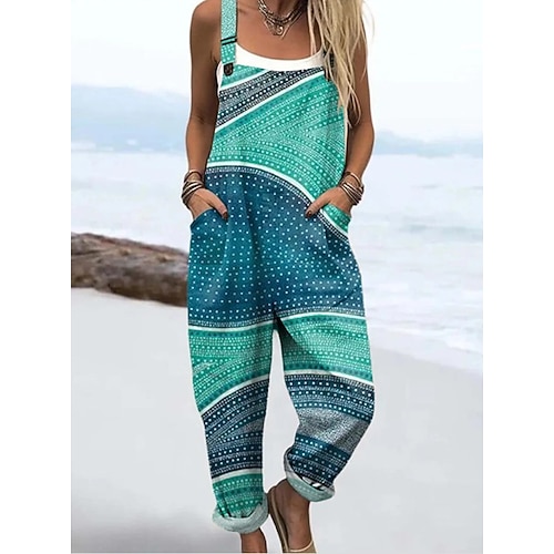 Damen Overall Aktiv Grafik Ärmellos Haremshose Kordelzug Urlaub Straße Lässiger Schnitt Blau Schwarz Leicht Braun Sommer Image