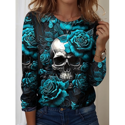 Während T-Shirt Schädel Blumen-Grafik Vintage Mode lässig Langarm Rundhals reguläre Tops täglicher Wochenenddruck Pink Rot Blau Khaki Frühling Herbst Image