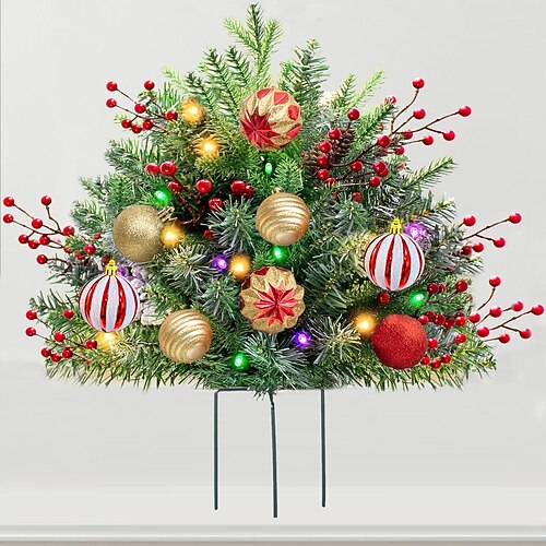 Künstlicher Weihnachtsbaum mit Beleuchtung und Urnenfüllung, Weihnachtsdekoration für draußen, Kunstpflanzen, beflockt mit verschiedenen Ornamenten und vorgespannten weißen LED-Lichtern, Image