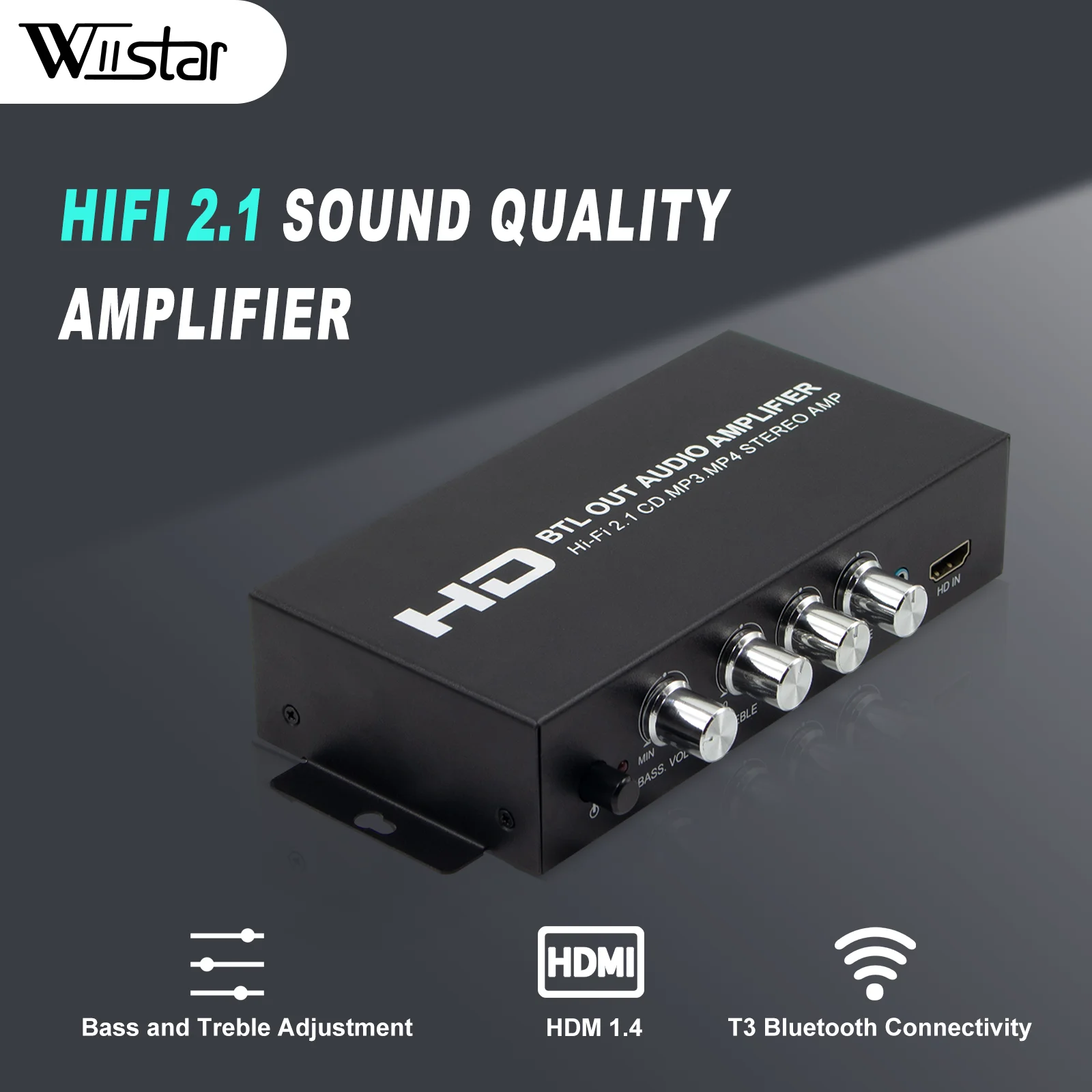 Wiistar 2,1 Kanal HiFi Verstärker 80Wx2 + 80W Power HDMI RCA AUX Bluetooth Eingang Bass Höhen Steuerung Auto Hause Audio Power Amp Image