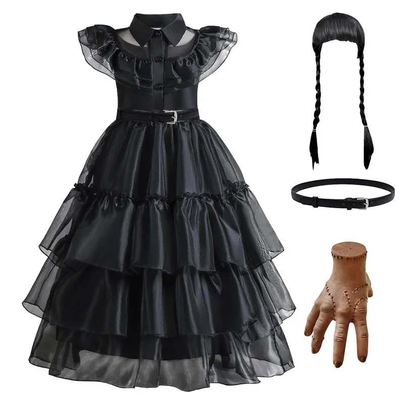 Wednesday Adams Cosplay Kleider 2025, neues Mädchen-Mesh-Kostüm, Vestidos, Kinder, Karneval, Ostern, Halloween, Partykleid, 4–12 Jahre Image