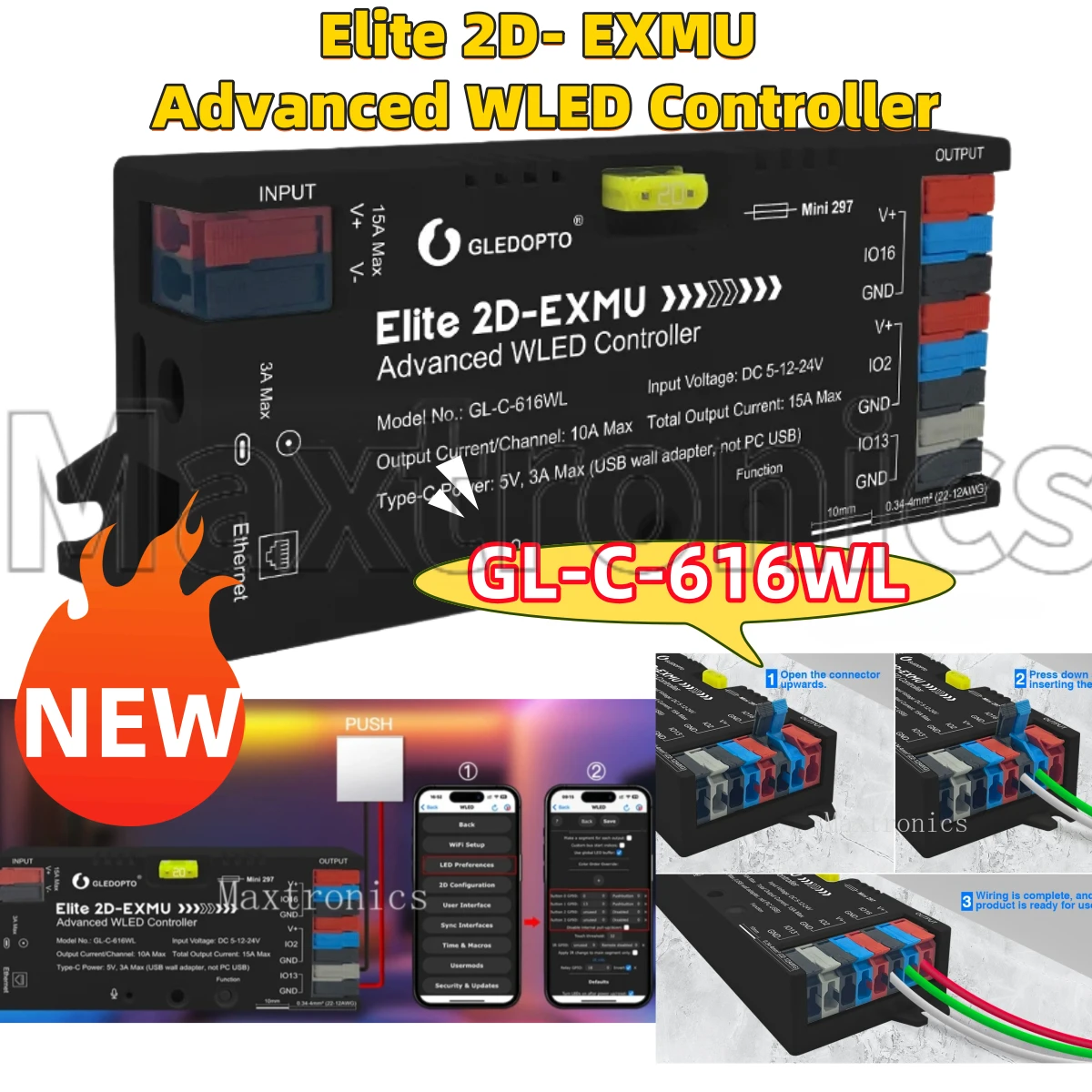 GL-C-616WL GLEDOPTO ESP32 WLED LED Controlle Elite 2D EXMU Advanced mit MIC 20A Sicherung DIY Dynamisches Licht FÜR WS2812b SK6812 Streifen Image