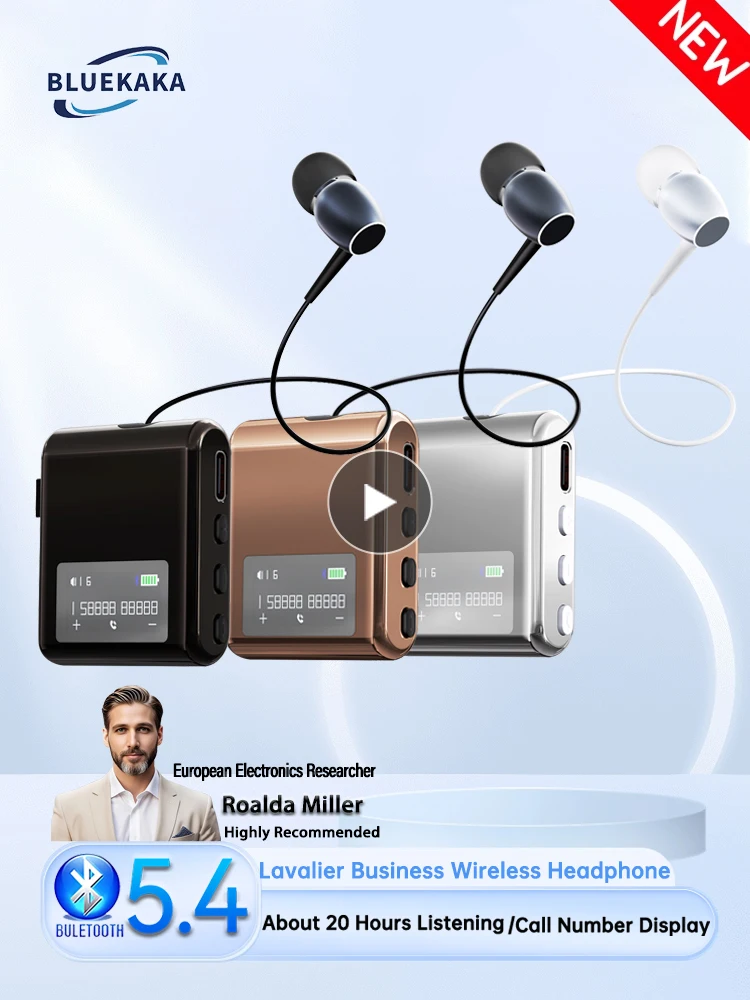 Nuovi aggiornamenti Lavalier Business Bluetooth 5.4 Auricolare wireless HD Chiamate stereo/tempo di musica 20 ore, numero di chiamata Display digitale a LED Cuffie antirumore per kit auto