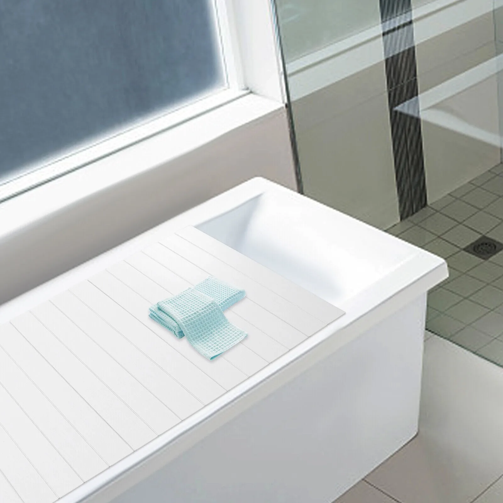 Weiße faltbare Badewannenabdeckung aus PVC, Badewannenbrett 4 kg Tragfähigkeit, wasserdichtes, staubdichtes, langlebiges Badewannenbrett 70 x 170 cm