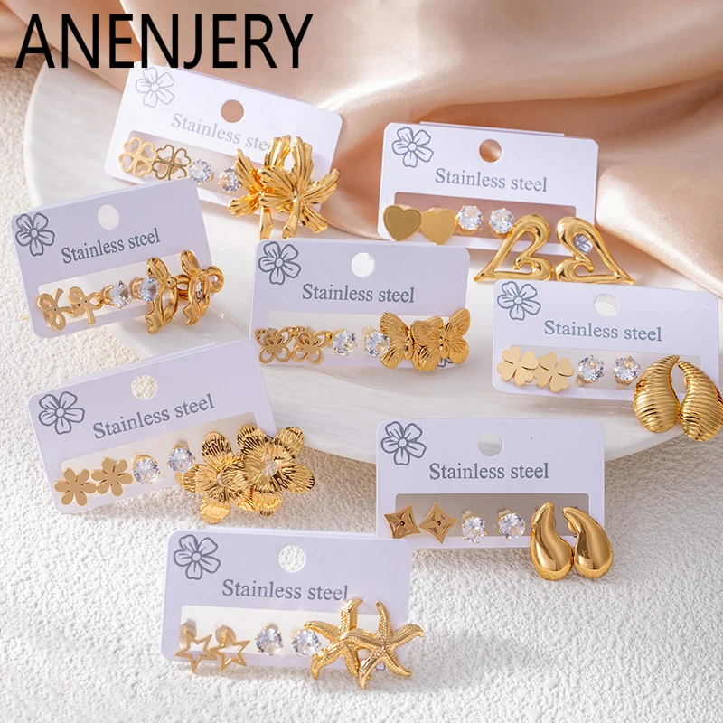 ANENJERY 316L Edelstahl Blume Herz Schmetterling Bowknot Ohrringe Für Frauen Persönlichkeit Mode Vintage-Schmuck Großhandel Image