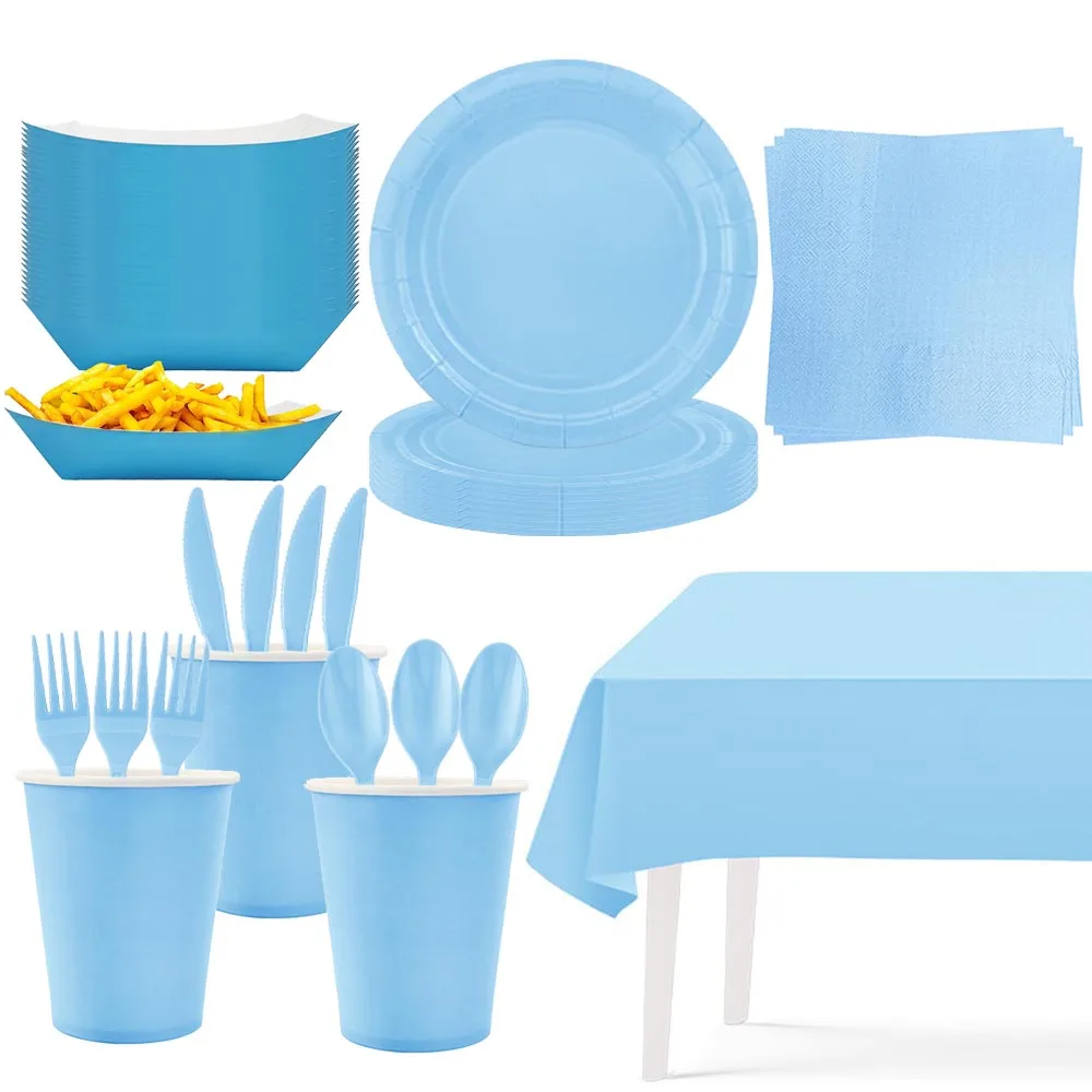 Hellblaues Einweggeschirr mit Thema, Pappteller, Servietten, Tassen, Tischdecken, Babyparty, Jungen und Mädchen, Geburtstagsparty-Dekorationen Image