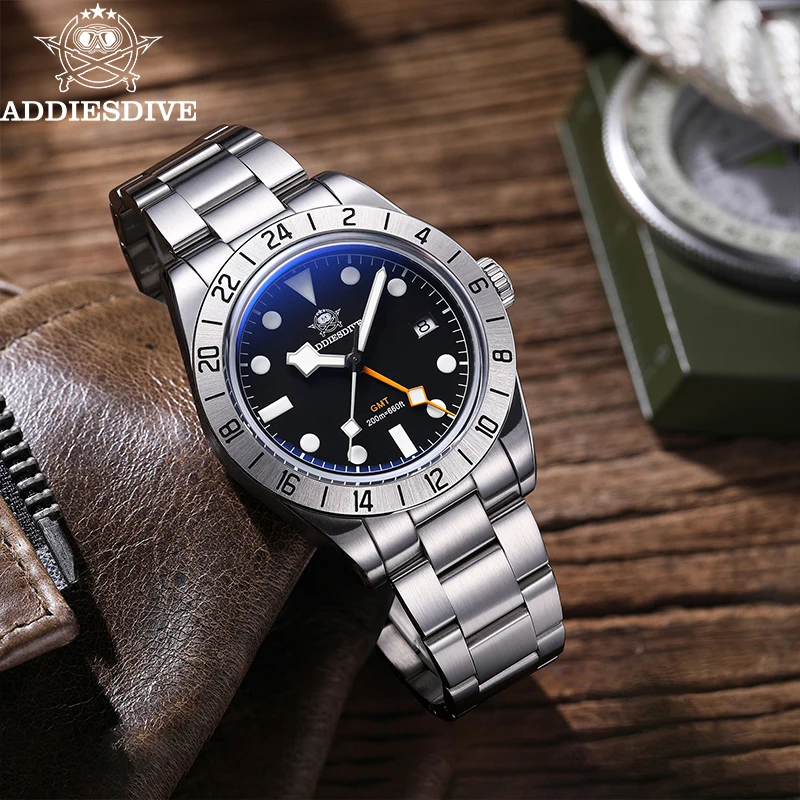 ADDIESDIVE 2025 Neue 515-24H Herren GMT Herren Analoguhr Edelstahl 20 Bar Uhrwerk BWG-9 Super leuchtende Quarzuhr Geschenk Image