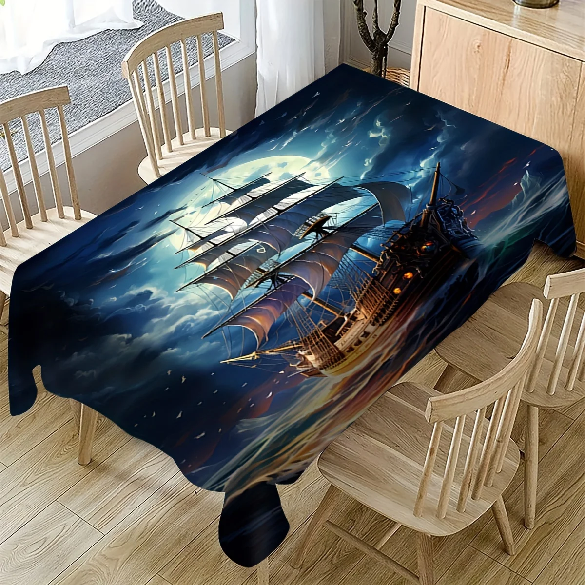 VIKAMA Moonlight Sailing Wasserdichte Tischdecke Fantasy Segelboot Nacht Kreuzfahrt Muster Restaurant Studie Nordic Ins Stil Dekor Image