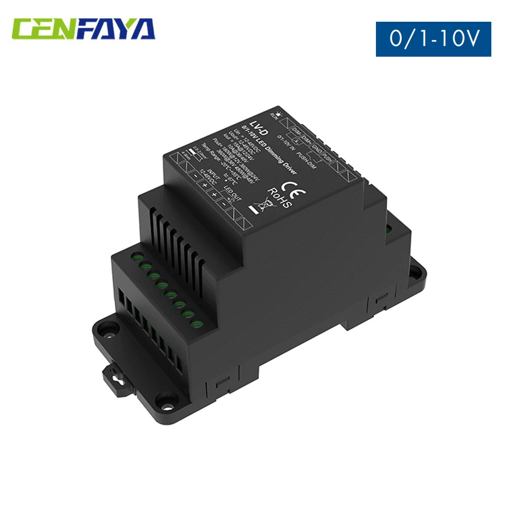 CENFAYA 0/1-10V LED-Dimmtreiber mit Push-Dim 12-48VDC Eingang 480W Ausgang PWM Freq Einstellbare DIN-Schienenhalterung für LED-Streifen