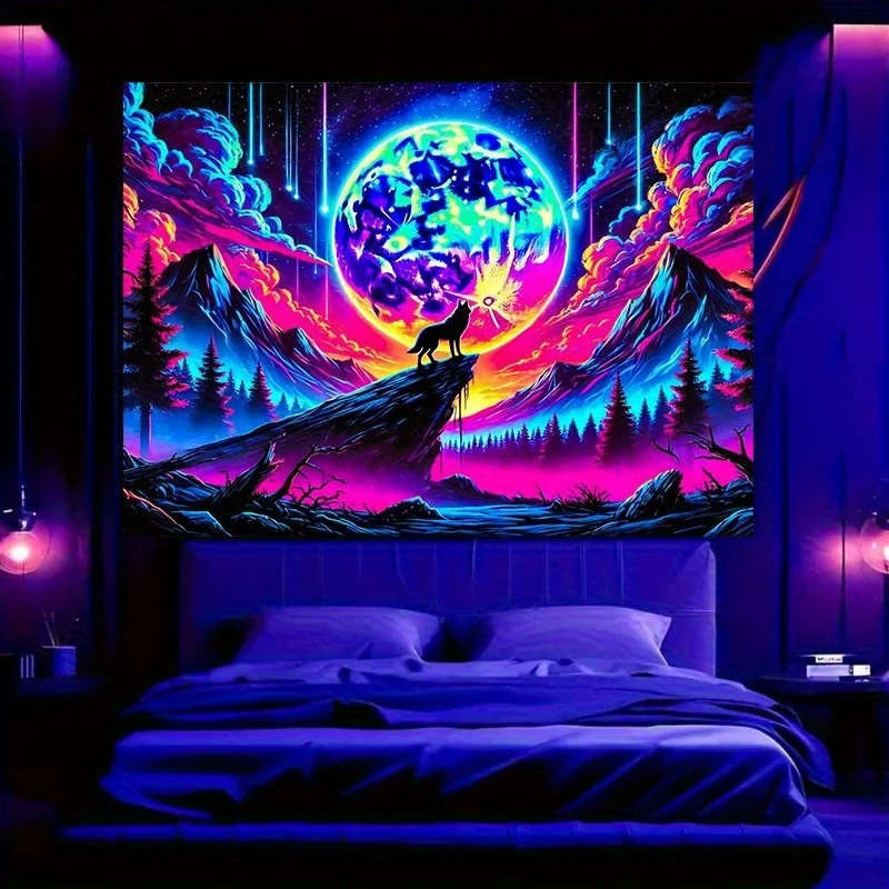 VIKAMA Cyber Wolf Mond Wandteppich Neon Lila Blauer Mond Mechanischer Wolf Howl Sci-Fi Schlafzimmer Thema Party Dekoration Image