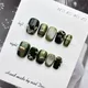 10PCs Short Square False Nails Sweet Cool Press on Nails Cat Eye Handmade Fake Nails Chrome Powder Nail Gold Glitter Nail Art
