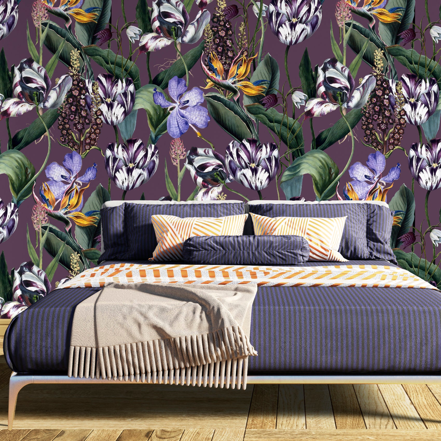 Carta da parati murale con fiori di tulipano, carta da parati floreale vintage, carta da parati boho glamour, carta da parati staccabile e adesiva e c