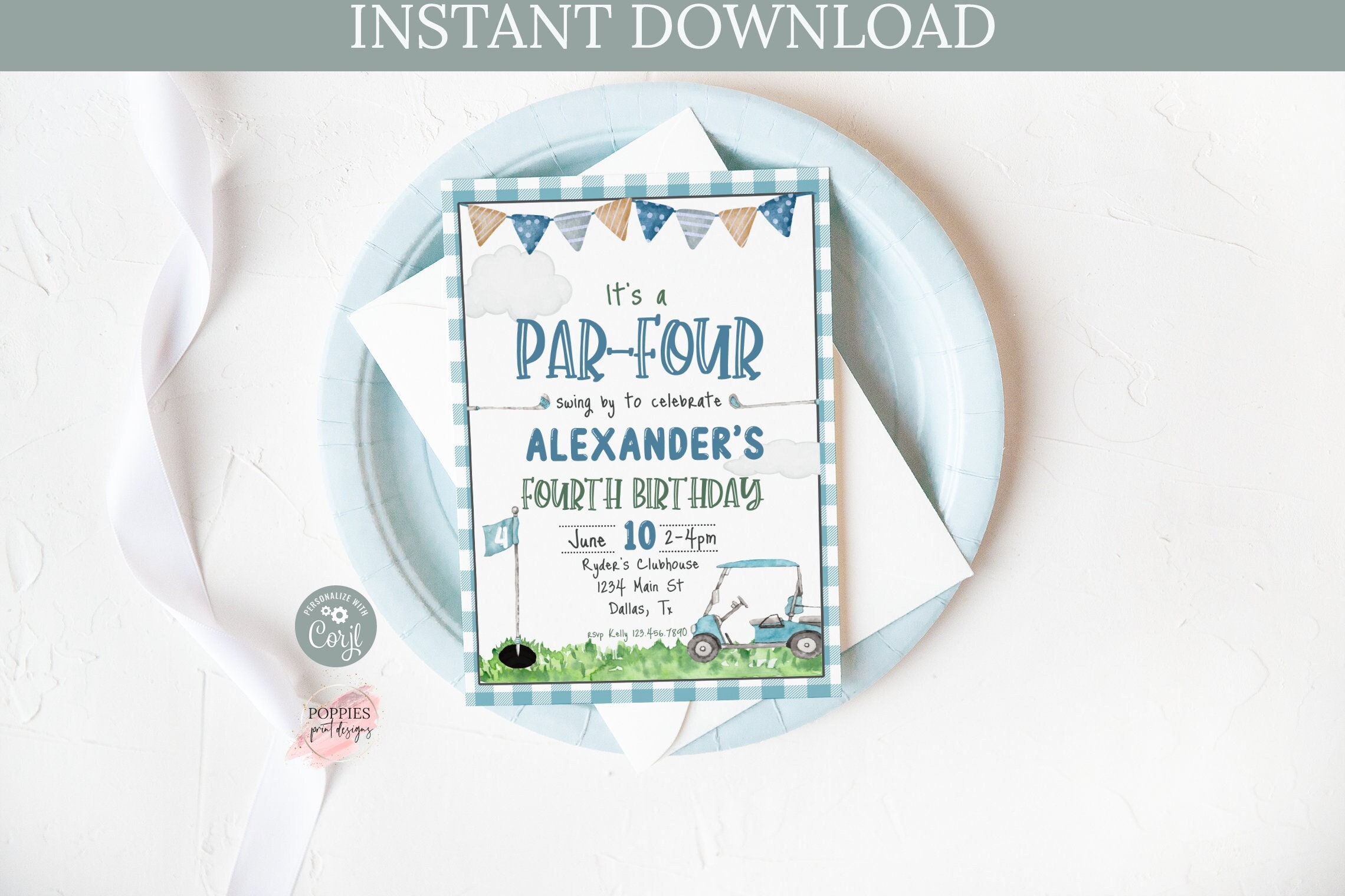 Invito per il quarto compleanno di Boy Golf modificabile, Invito di compleanno per il golf di Boy, 4o compleanno Par-tee Putting Par-tee Modello stamp