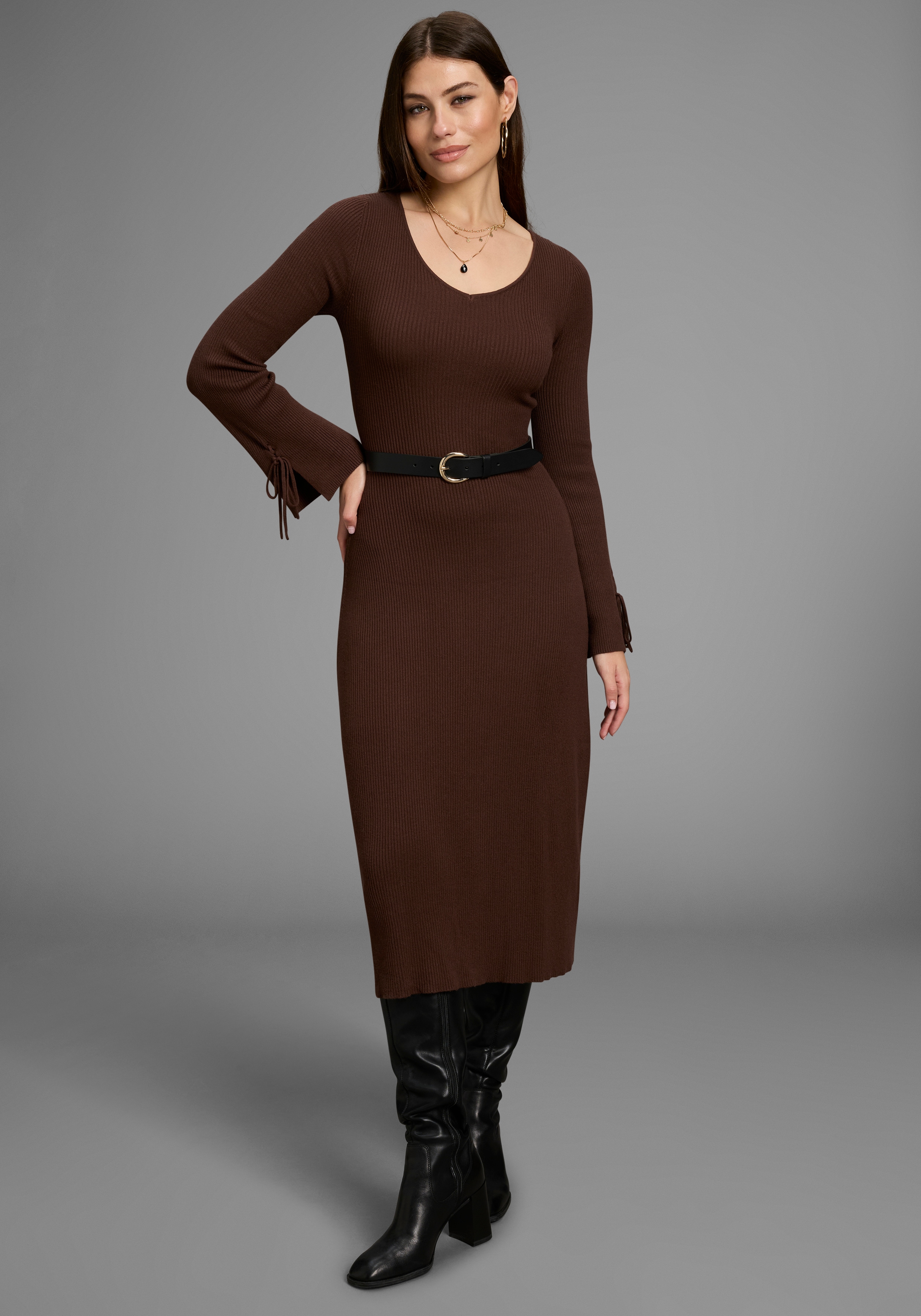 Strickkleid BRUNO BANANI, Damen, Gr. 36, N-Gr, braun, Obermaterial: 70% Viskose, 30% Polyamid, unifarben, Basic, Kleider, mit besonderem Ärmeldetail Image