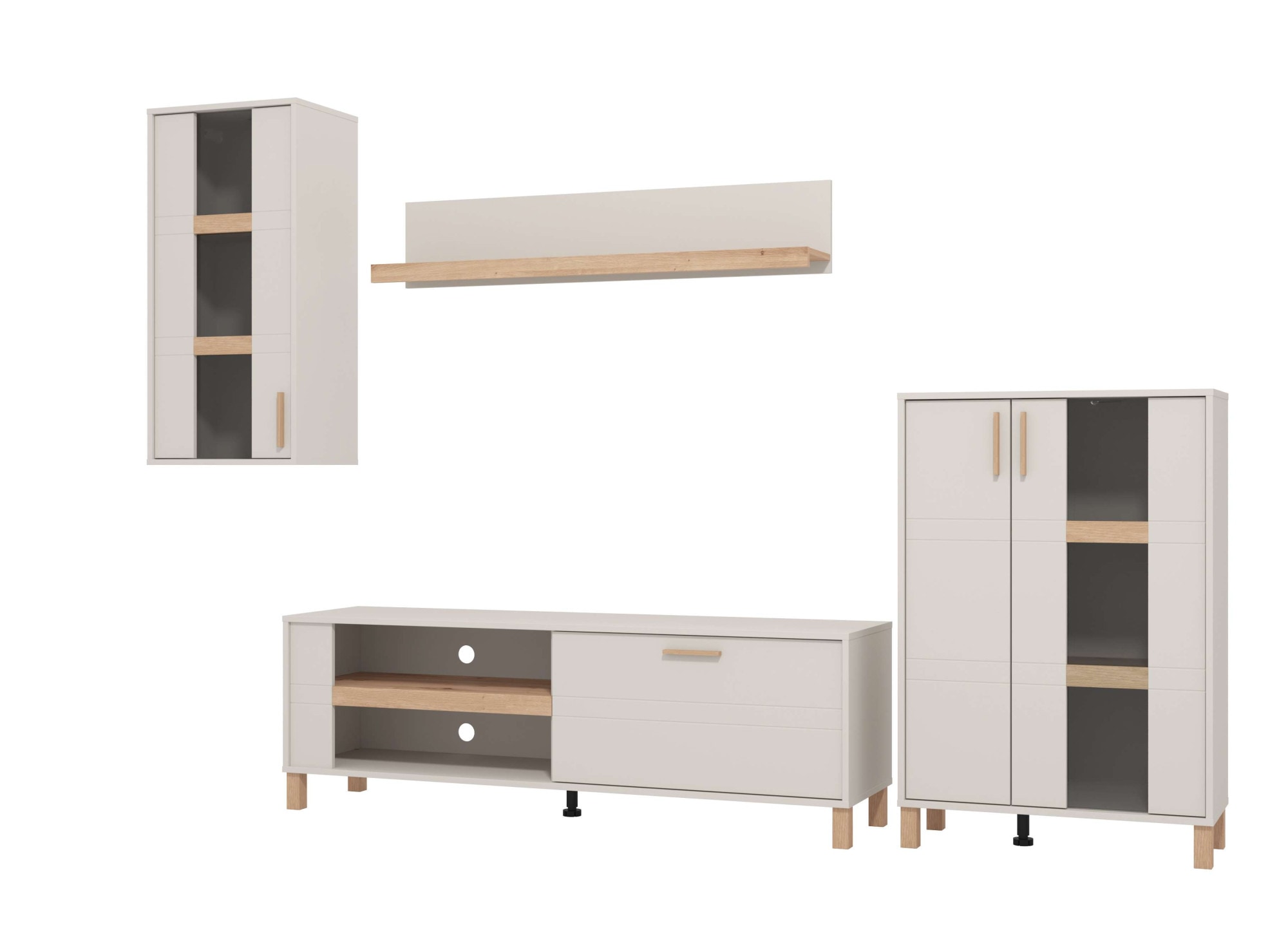 Wohnwand HOME AFFAIRE "Sheffield, inkl. TV-Board, Highboard, Hängevitrine und Wandregal", kaschmir, B:250cm H:160cm T:40cm, Glas, MDF, Spanplatte, Kastenmöbel-Sets, Wohnwand, Getöntes Glas, 2D-beschichtetes MDF-Profil, Heißprägedetails