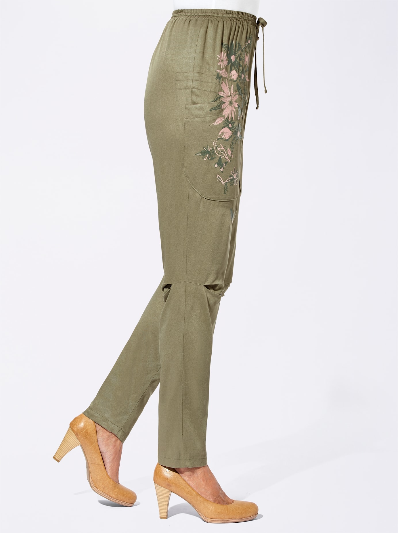 Schlupfhose INSPIRATIONEN, Damen, Gr. 54, Normalgrößen, grün (khaki), 100% Viskose, geblümt, gemustert, unifarben, lang, Hosen Schlupfhose