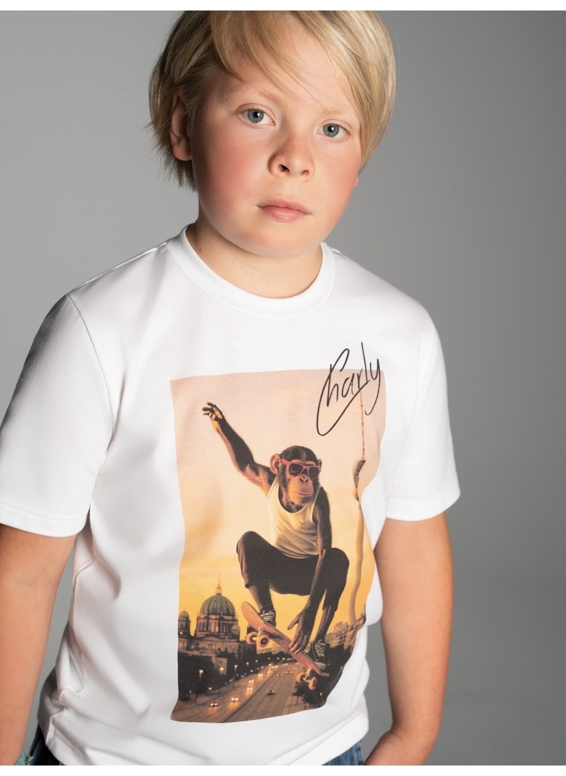 T-Shirt TRIGEMA "TRIGEMA T-Shirt trigema Affe Charly Skateboard", Jungen, Gr. 128, weiß, 100% Baumwolle, Basic, Shirts T-Shirt
