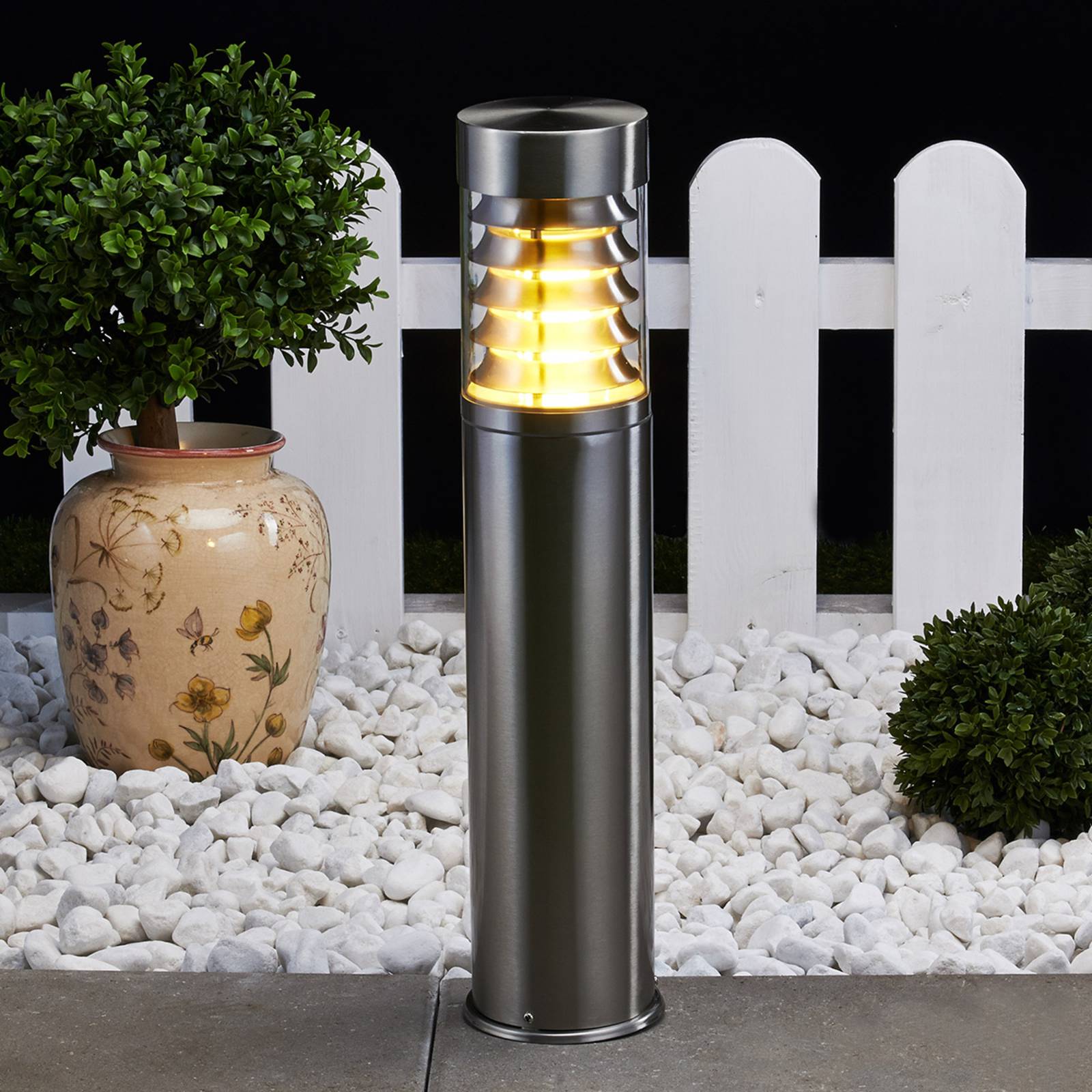 Lindby Enja pillar light, 50 cm, stainless steel, IP44, E27 Lindby, dimmable, Alu / grey / zinc, Stainless steel, Modern, Outdoor lights