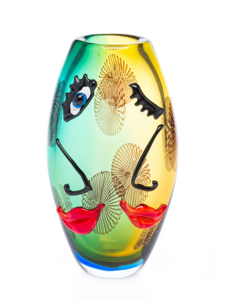 Vaso in vetro, vaso da tavolo, volto, arte moderna in stile Murano, vaso, vaso per fiori, vetro