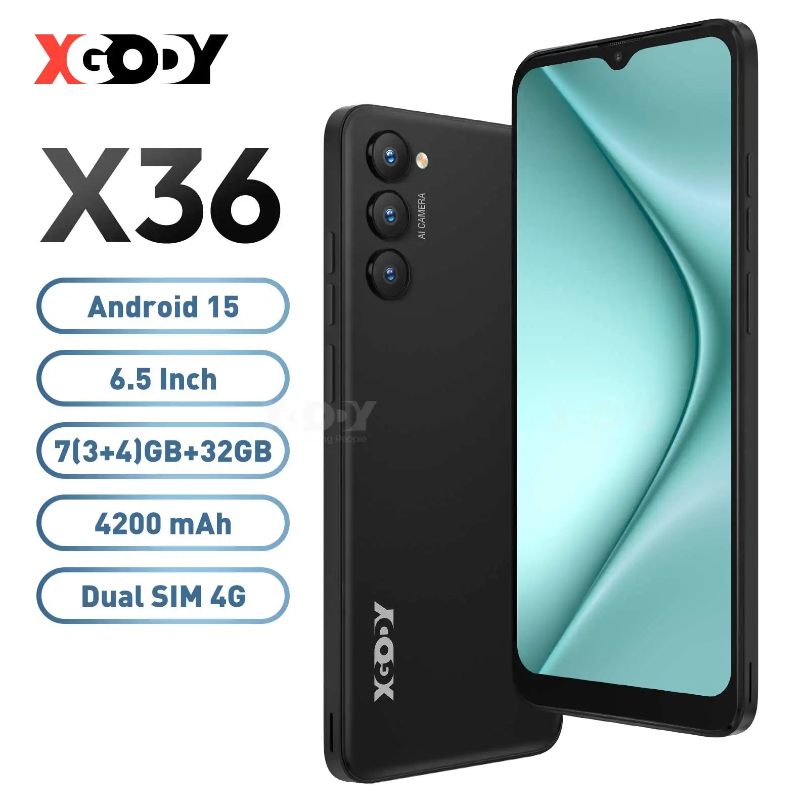 2025 XGODY X36 Android 15 téléphone portable 4G double SIM Octa Core Smartphone 6.5 pouces écran 7GB RAM 32GB ROM stockage 4200mAh 13MP