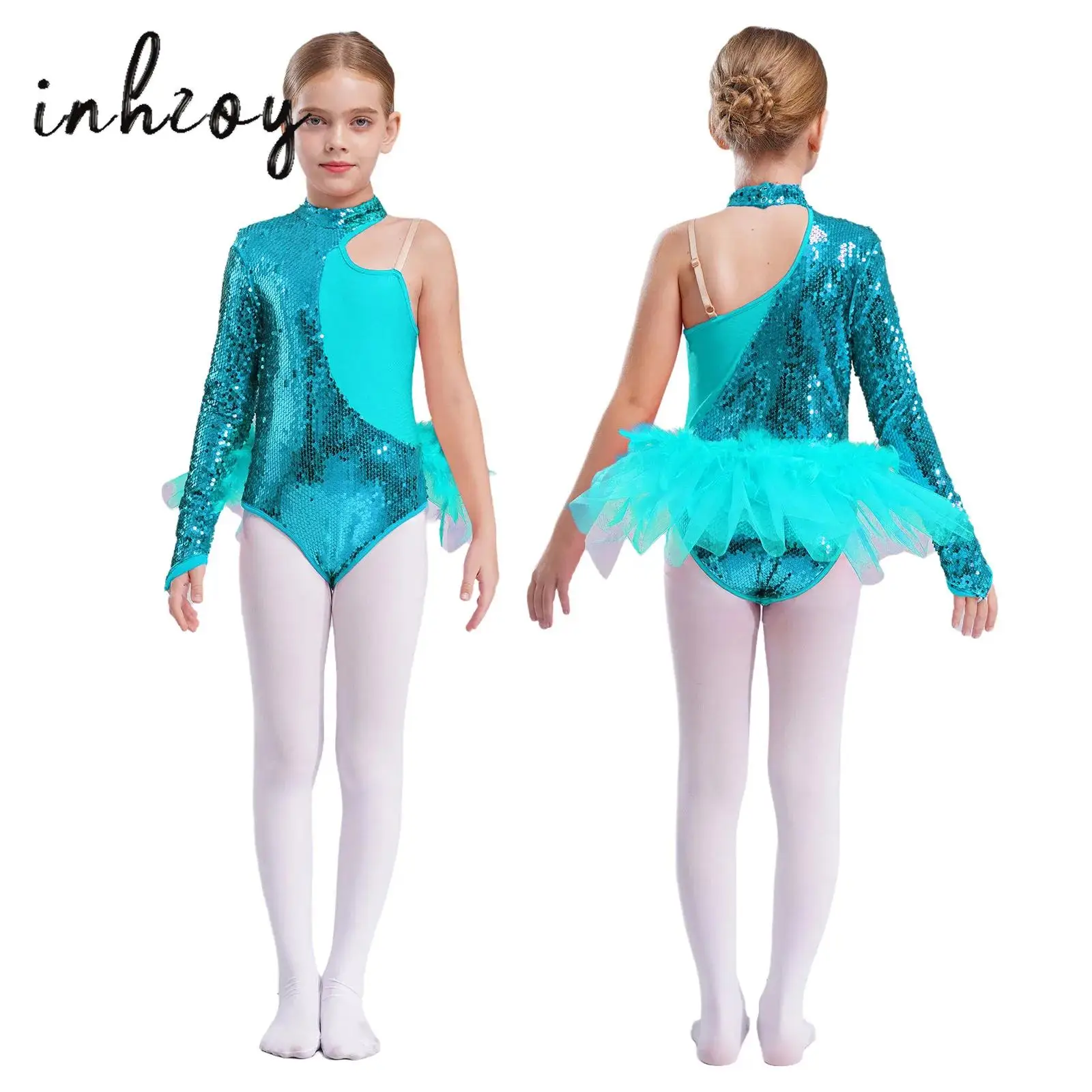 Kinder Mädchen Ballett Tanzen Trikot Glänzende Pailletten Feder Tüll Rock Body Gymnastik Skating Workout Leistung Kostüm Image
