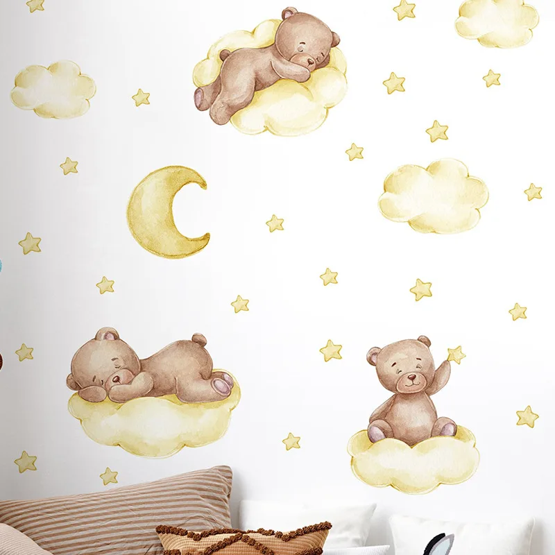 Cartoon Gelber Bär Gute Nacht Kinder Wandaufkleber Babyzimmer Kinder Schlafzimmer Wandtattoos Wolke & Mond Design Kinderzimmer Home Decor