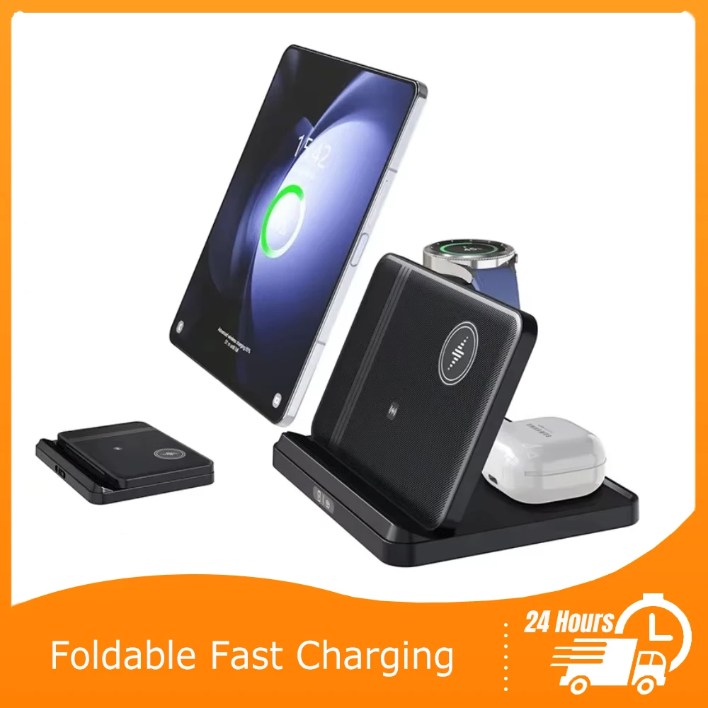 Supporto per caricabatterie wireless pieghevole 3 in 1 per Samsung Z Fold Zflip5 S23 S22 Dock station di ricarica ultra veloce per Galaxy Watch Buds2
