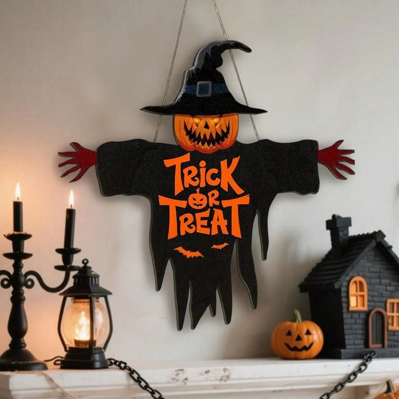 1 Stück 2D-Halloween-Holzschild „Trick-or-Treat“, Monster-Gesicht, Kürbis-Design, Seilaufhänger, Veranda, Wand oder Halloween, Gartenparty, Dekoration Image