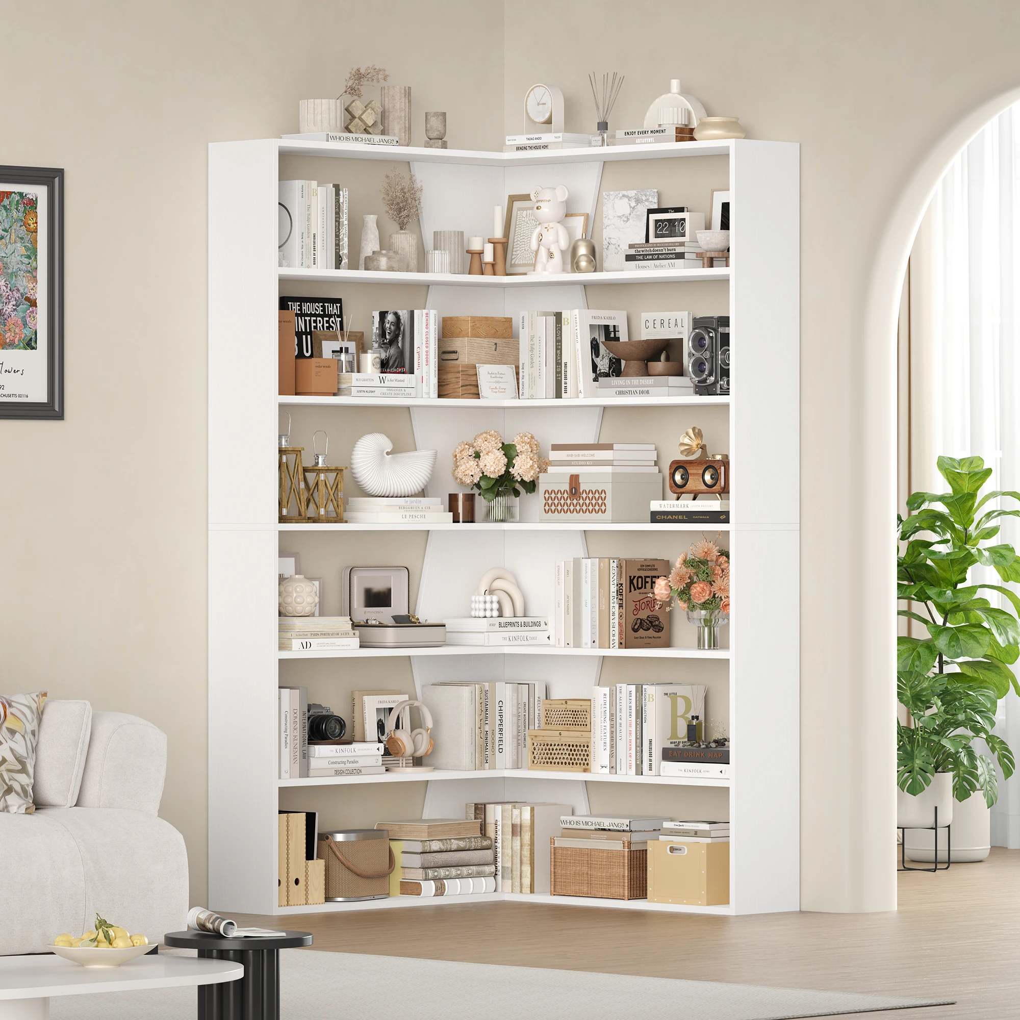 Getone 190cm Bücherregal,hohes Eckregal stehend mit 6 Ebenen,Bücherschrank Eckbücherregal Wohnzimmer,Arbeitszimmer 90x90x190.5cm Image