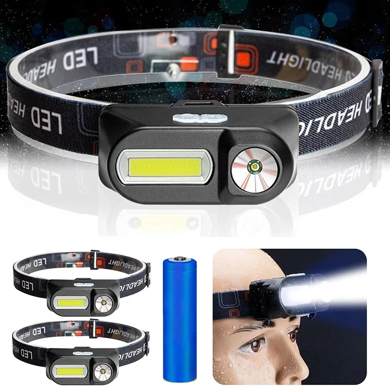 Leistungsstarke tragbare XPE + COB-Stirnlampe, LED-Kopf-Taschenlampe, Typ C, wiederaufladbar, wasserdicht, für den Außenbereich, Angeln, Camping, Wandern Image