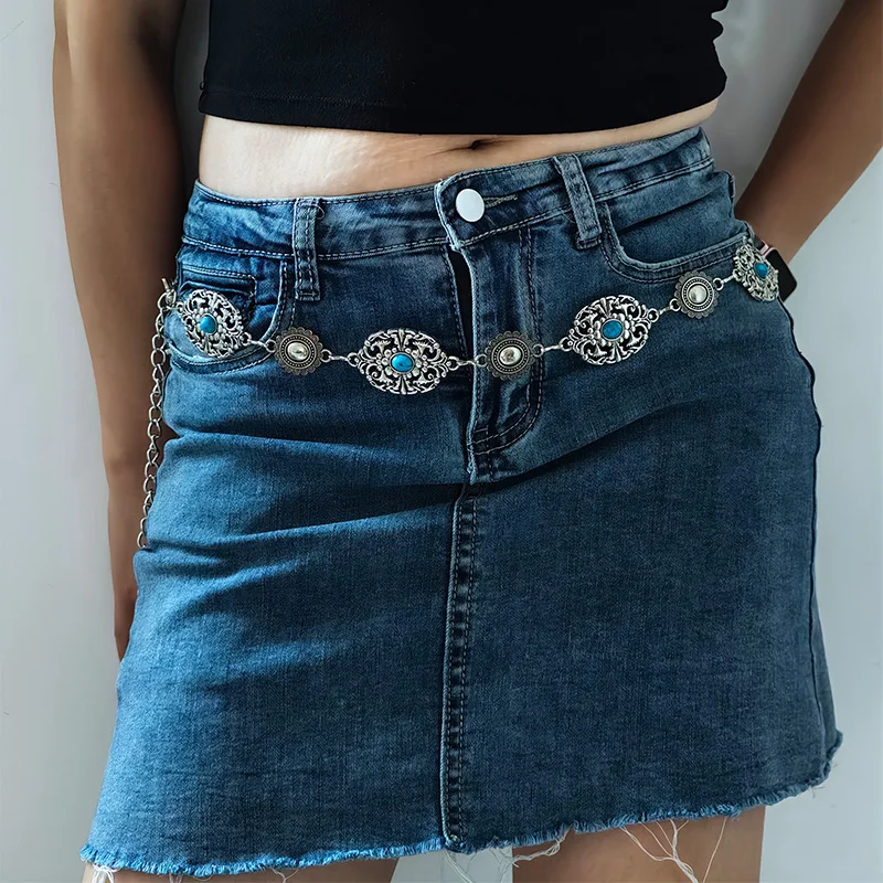 Vintage ovale geschnitzte Metall-Taillenkette für Frauen, Western-Cowgirl, rot, türkis, vergoldet, Gürtelketten, modischer Körperschmuck, Geschenke